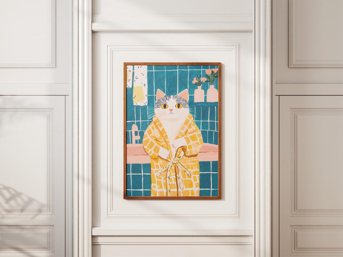 Scottish Fold Cat Art Print Bathrobe Bathroom Poster Funny Animal Wall Modern Home Decor Quirky Lover Gift In Robe - Image 2