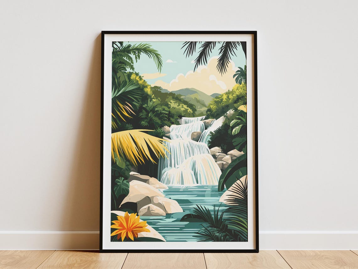 Tropical Waterfall Cascade in Jamaica Dunn's River Falls Poster