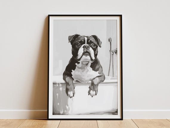 Bulldog In Bathtub Poster Print Minimalist Bathroom Wall Art Cute Dog Bubble Bath Funny Pet Modern Home Decor