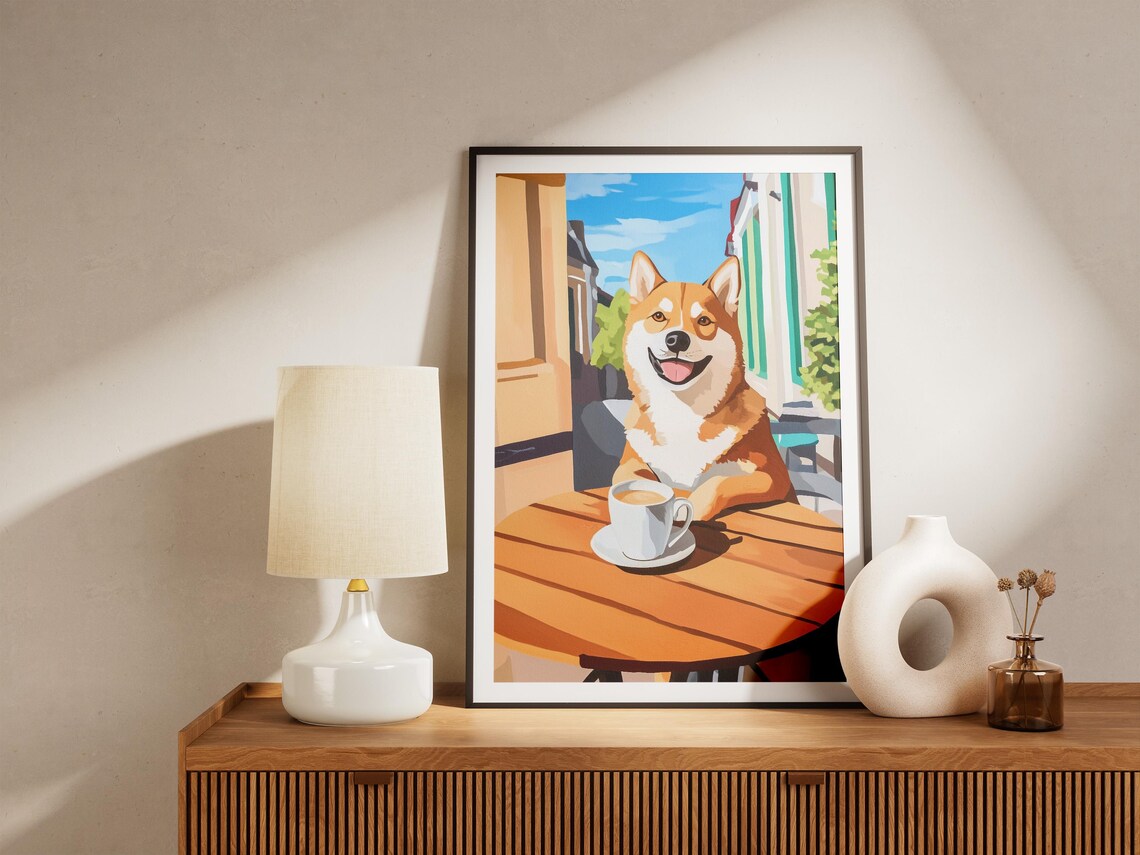Happy Shiba Inu Dog Grinning With Coffee Sunny Cafe Art Poster - Image 4