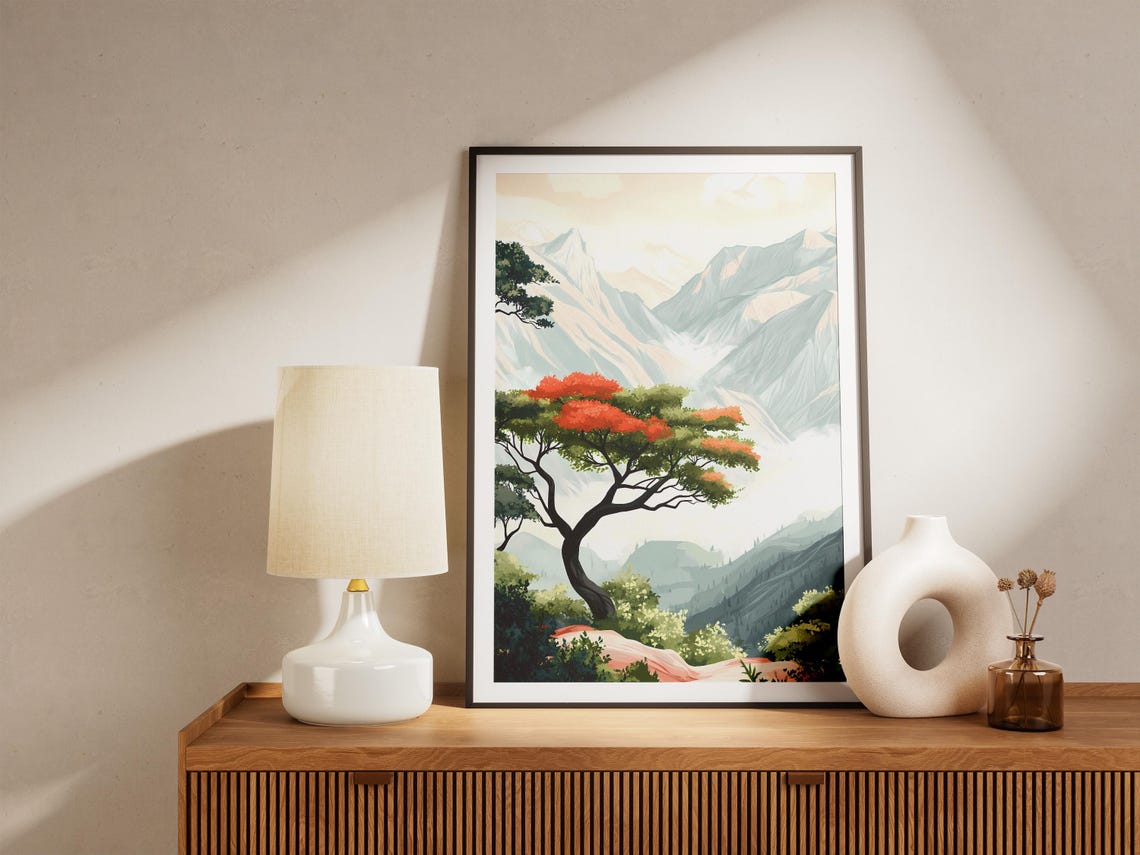 Red Blossom Tree Standing Before Misty Mountain Peaks Poster - Image 5