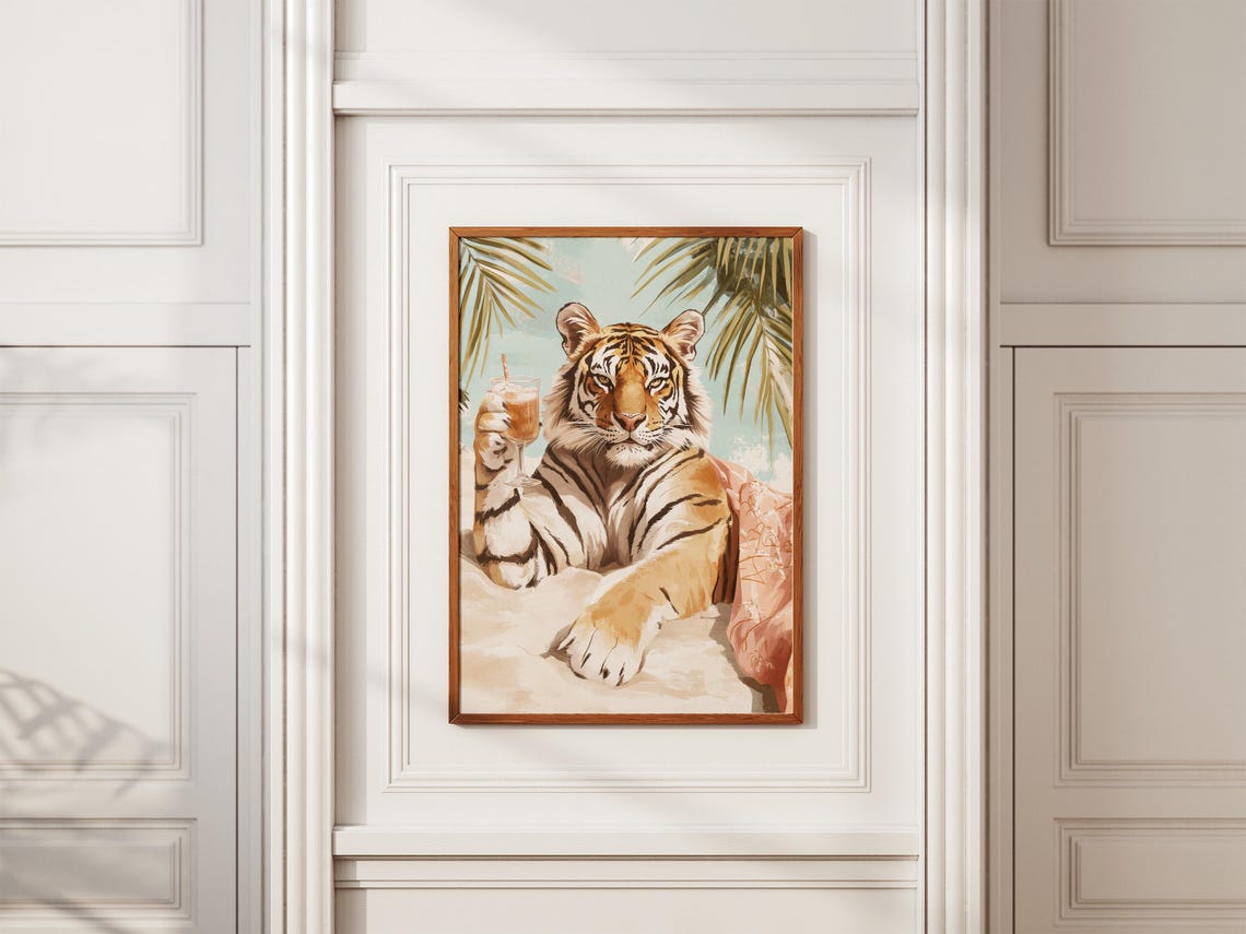 Tiger Raising A Cocktail Glass On A Sunny Tropical Beach Poster - Image 2
