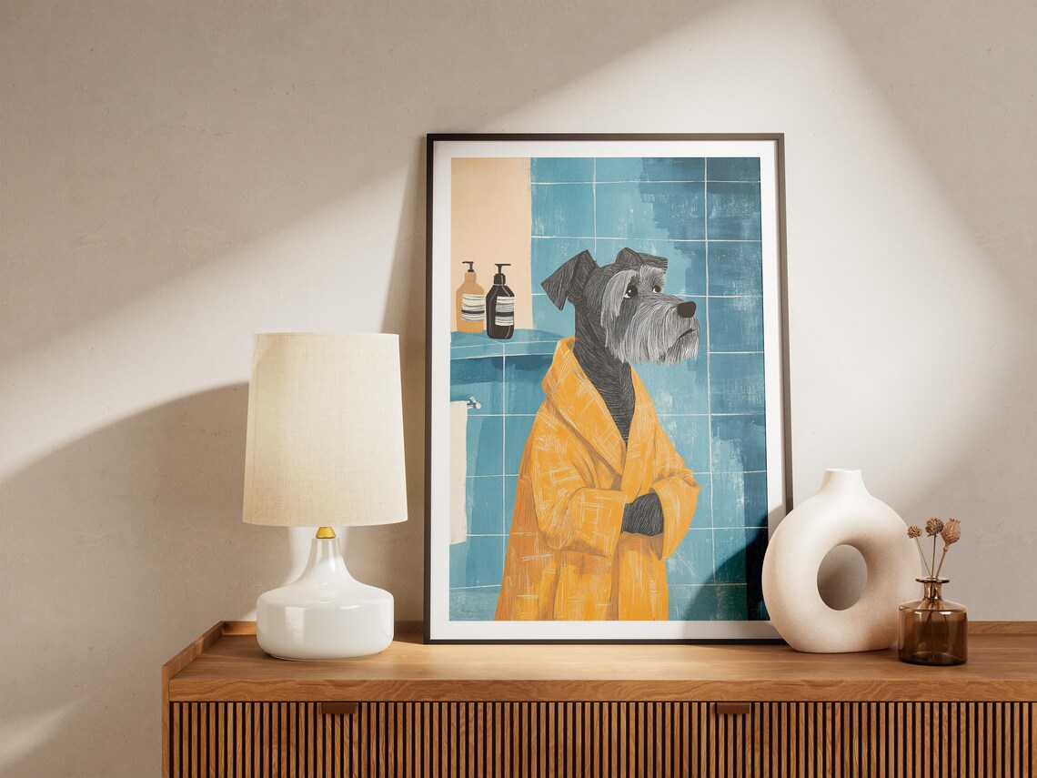 Miniature Schnauzer in Yellow Bathrobe Blue Tile Bathroom Dog Poster - Image 4