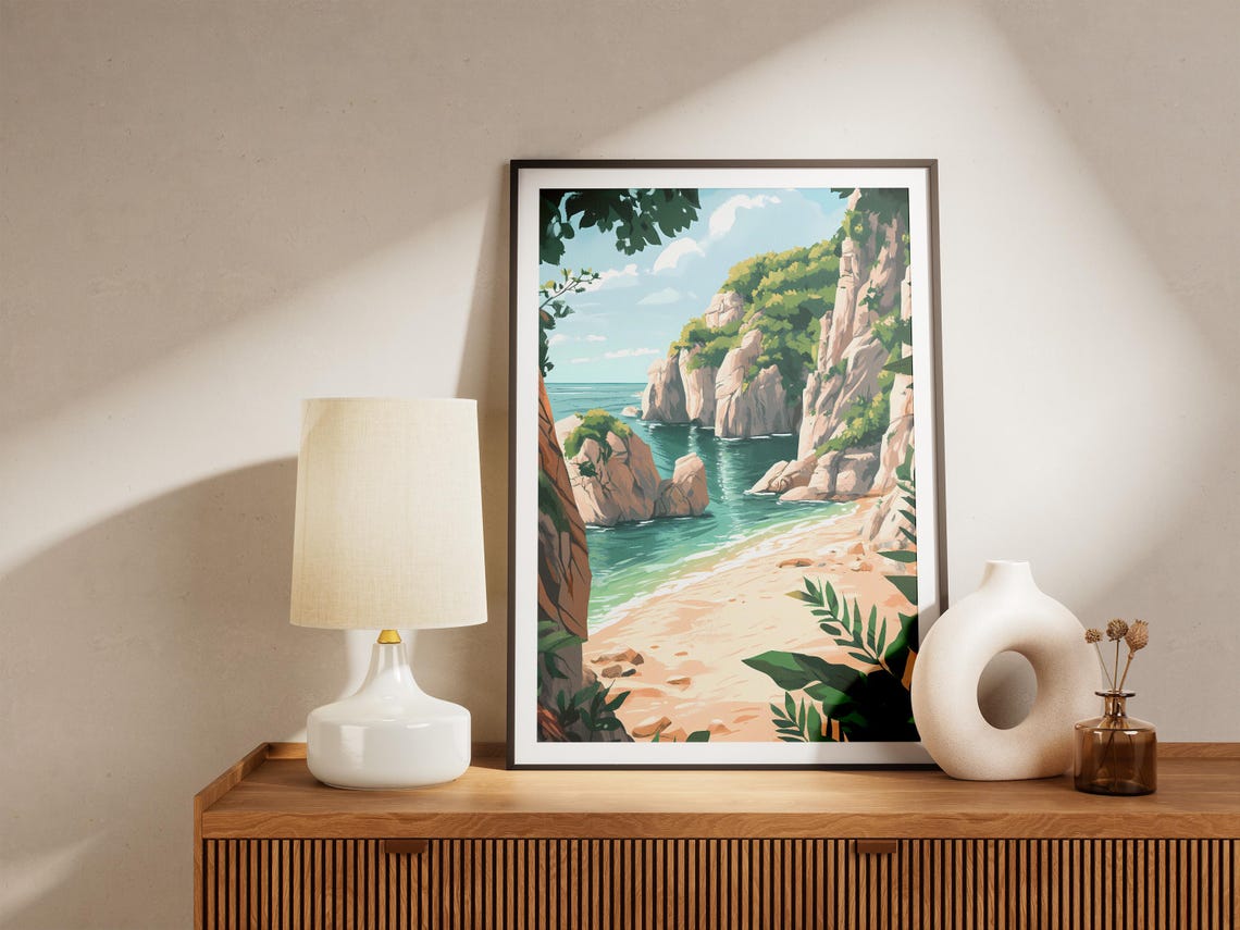 Secluded Tropical Beach Cove Beneath Lush Green Cliffs Poster - Image 5