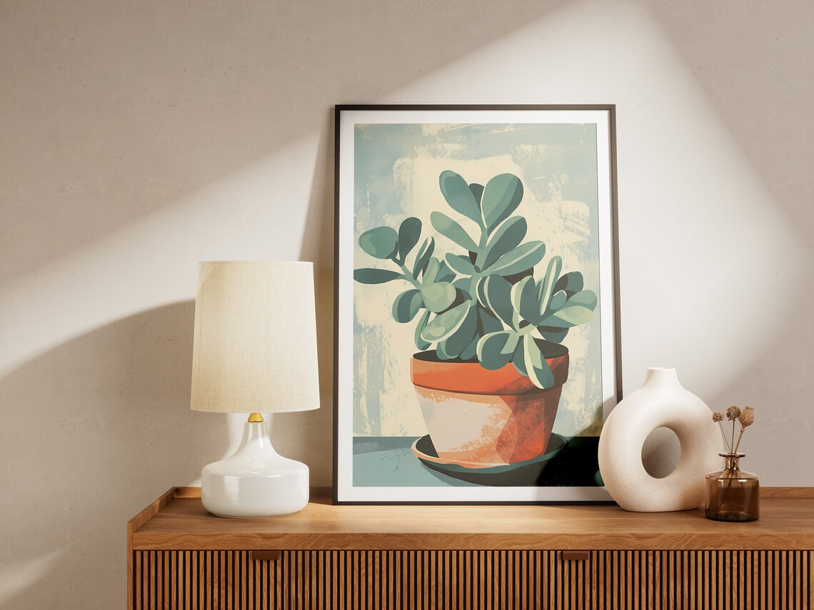 Jade Plant Terracotta Clay Pot Teal Minimalist Botanical Poster - Image 2
