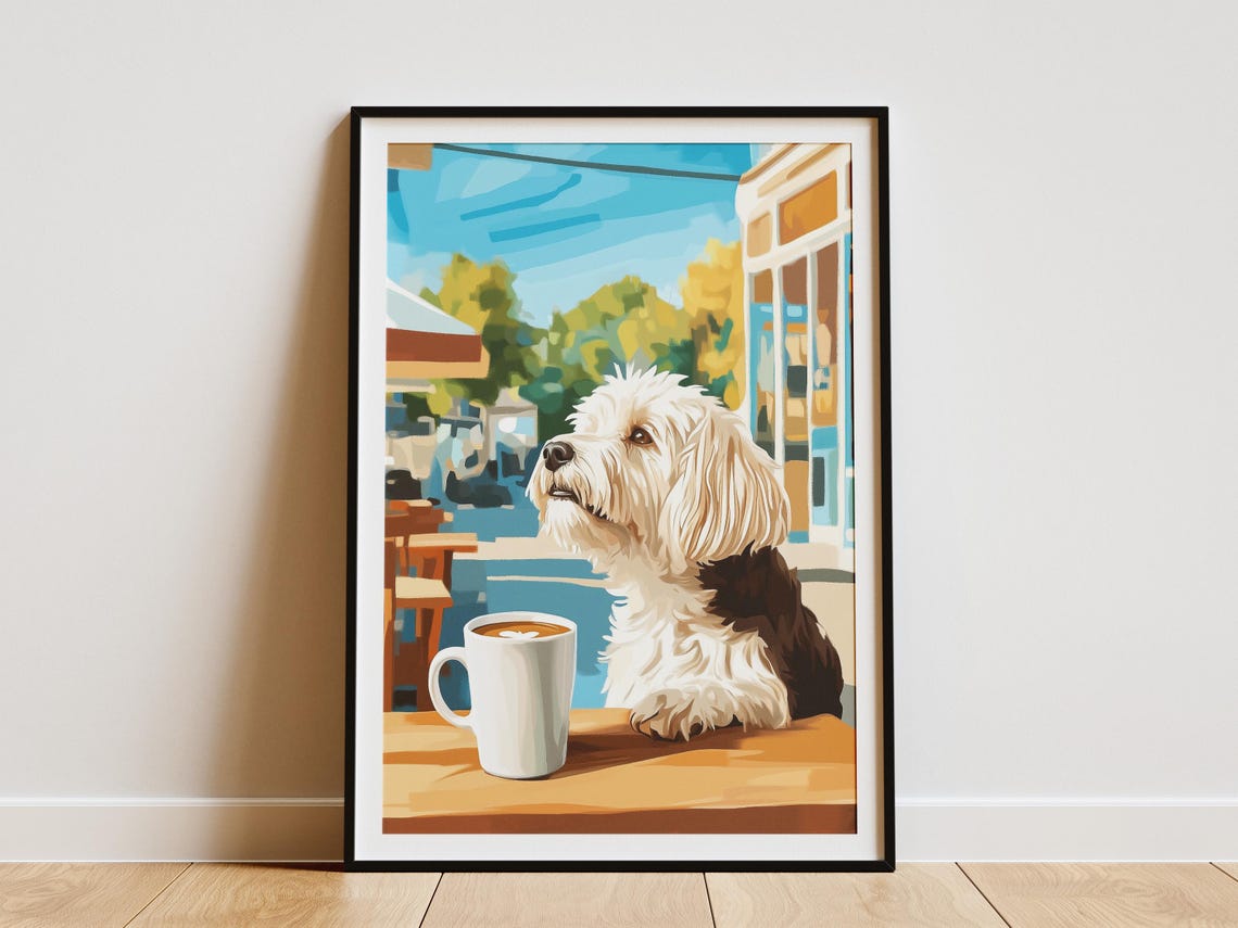 Fluffy White Maltese Dog with Latte at Sunny Sidewalk Cafe Poster