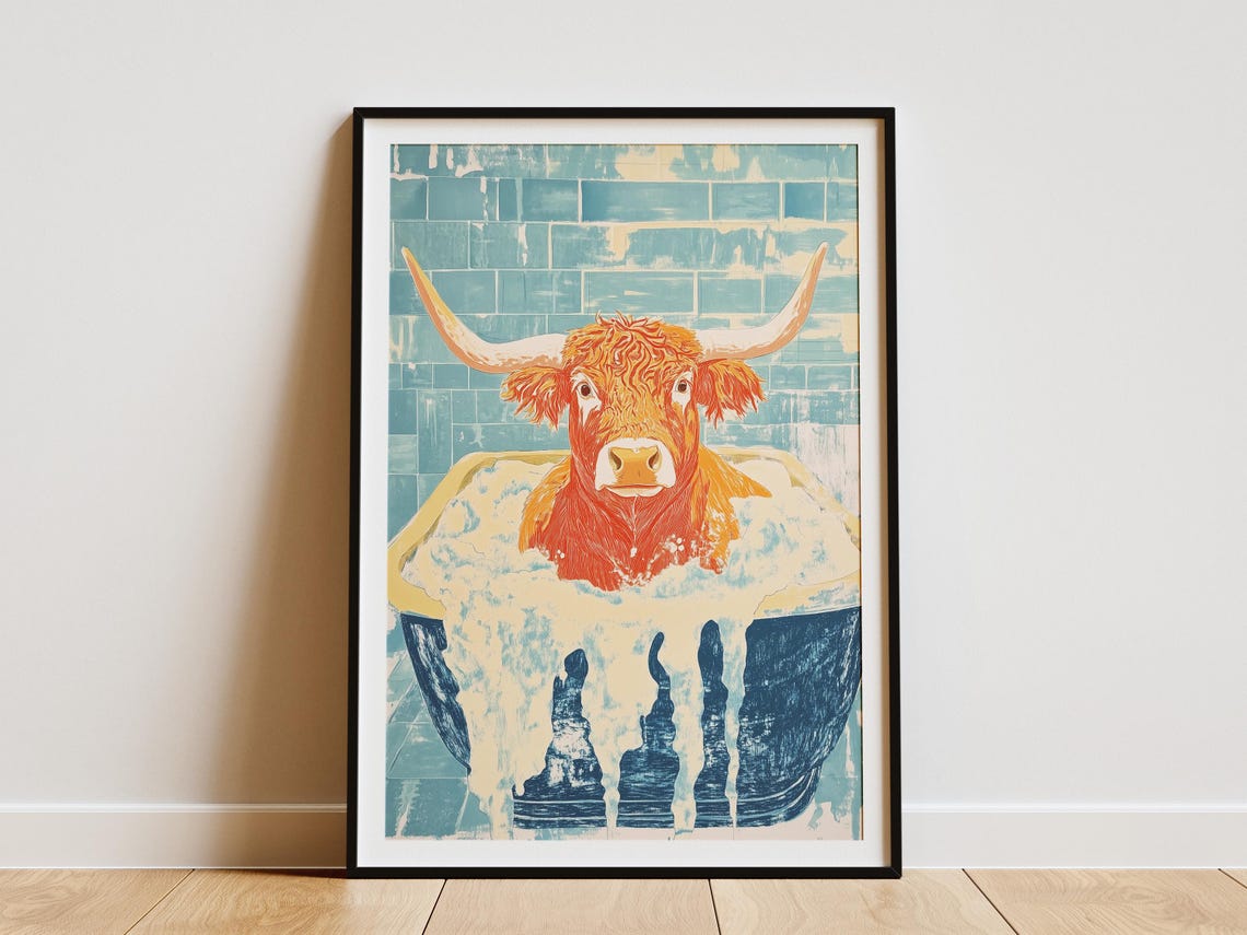 Highland Cow In A Bubble Bath Teal Tile Funny Bathroom Poster