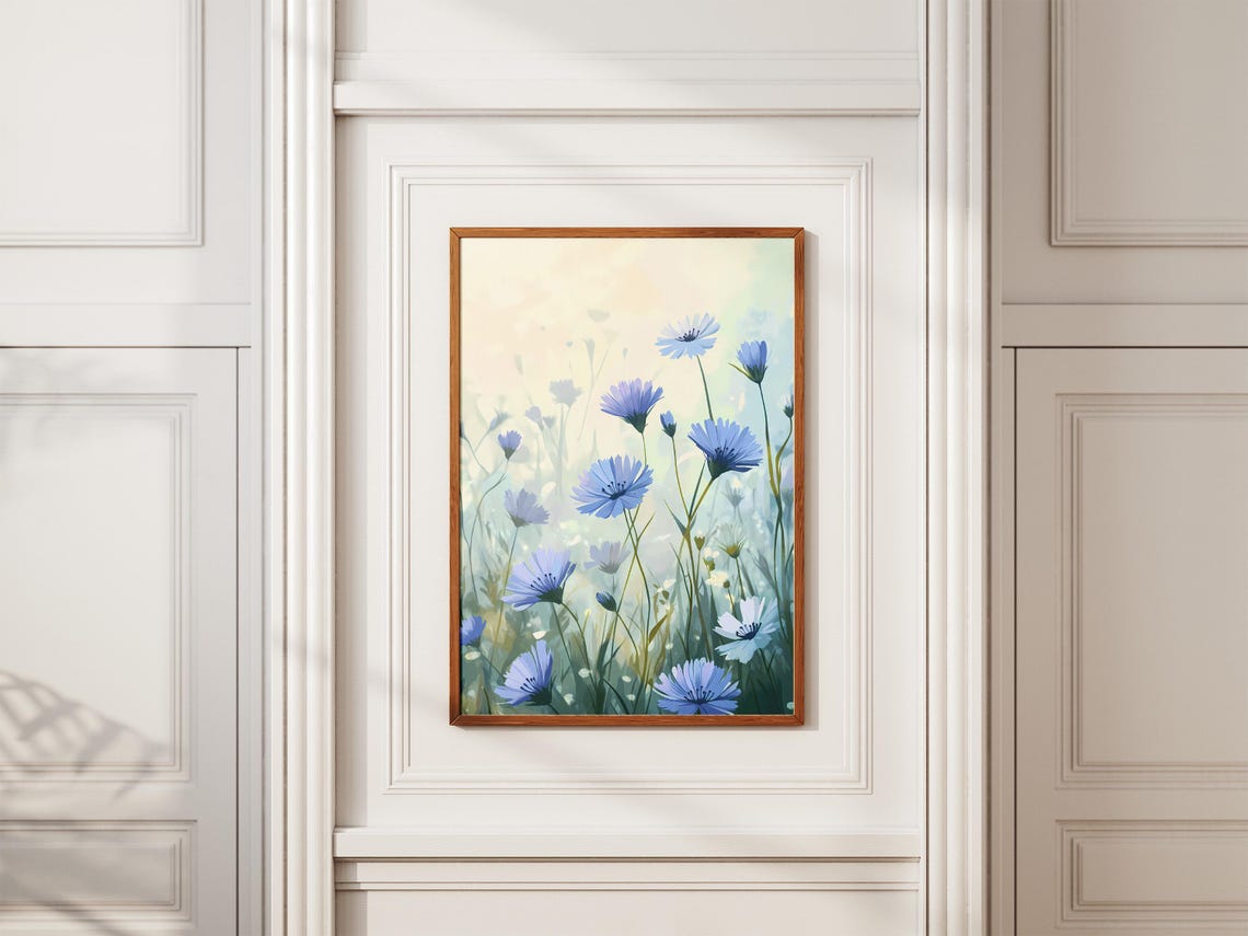Blue Chicory Meadow Flowers Poster in Soft Misty Morning Light - Image 2