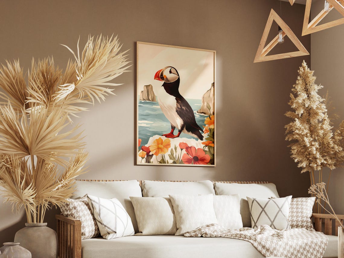 Puffin Portrait on a Flowering Cliff by the Sea Shore Art Poster - Image 3