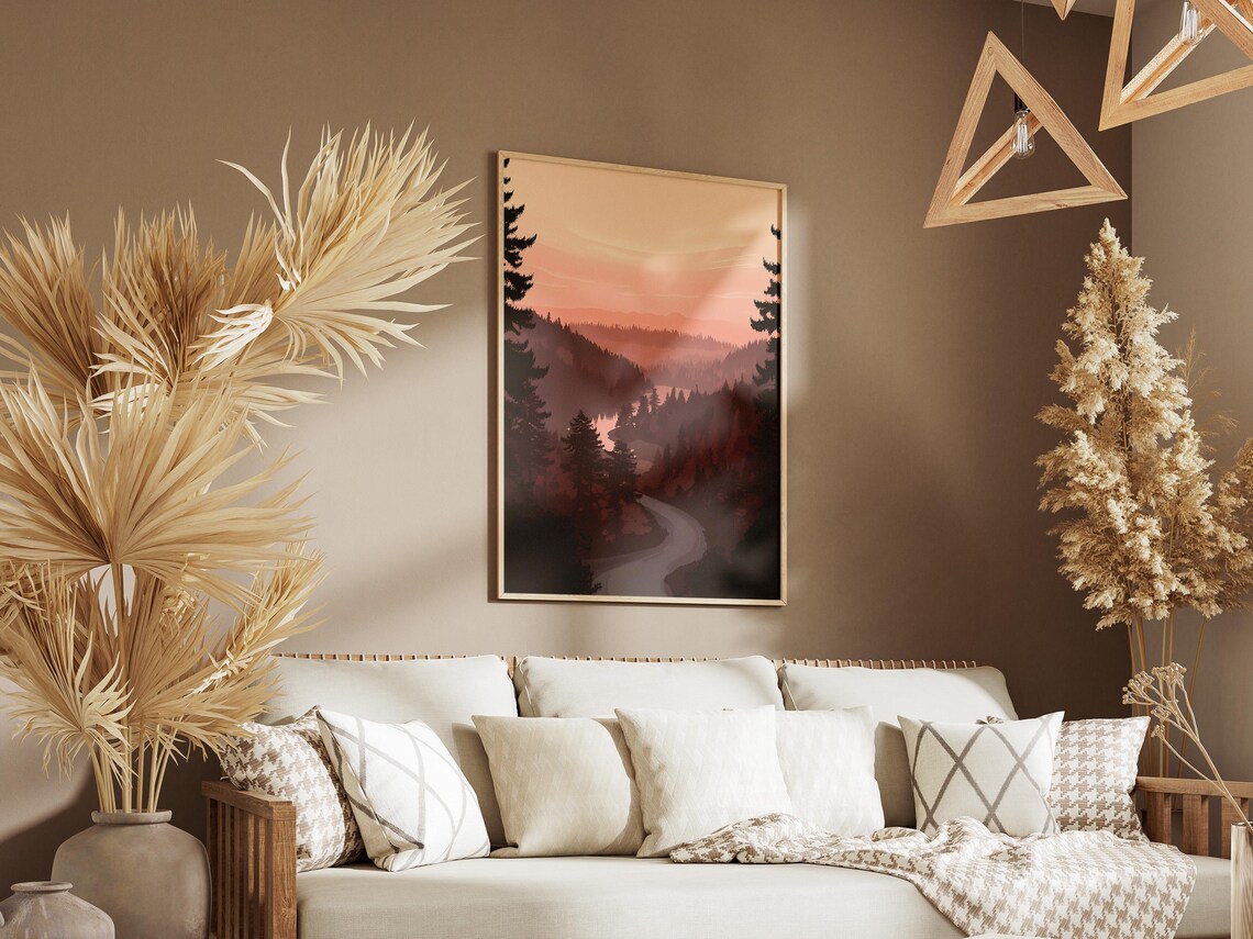Redwood Forest Winding Road at Pink Misty Sunset View Art Poster - Image 3