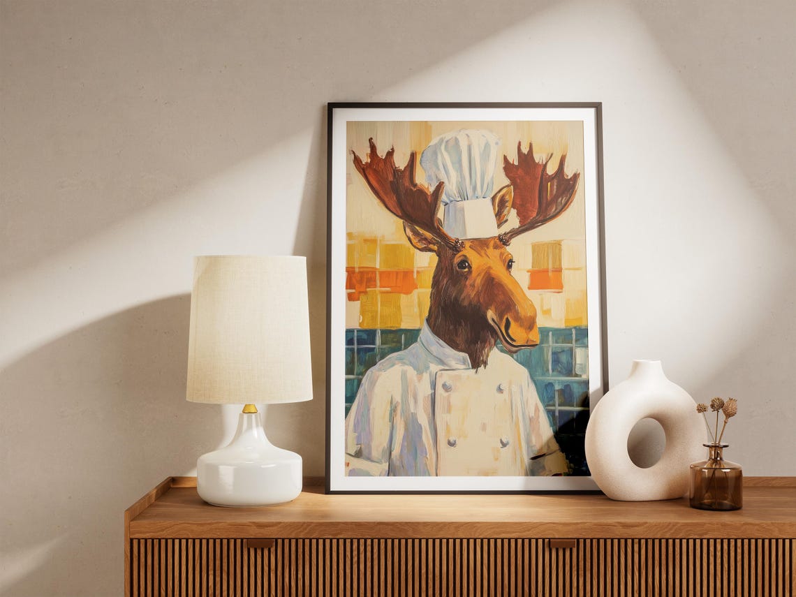 Moose Chef Antlers Painting Funny Rustic Kitchen Decor Poster - Image 4
