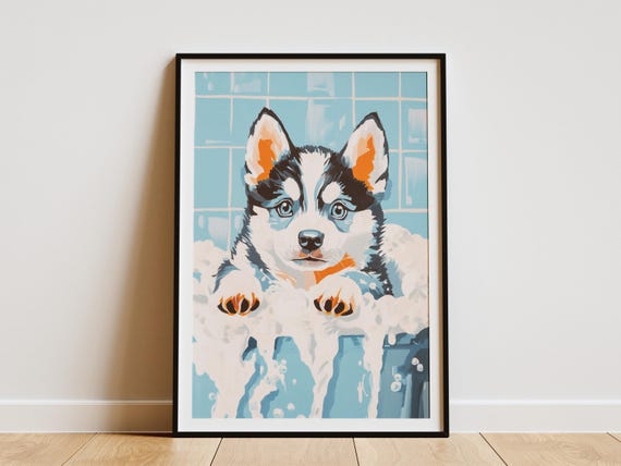 Husky Puppy In Bathtub Art Print Baby Animal Poster Bathroom Wall Decor Cute Dog Illustration Nursery Pet Lover Gift Canine