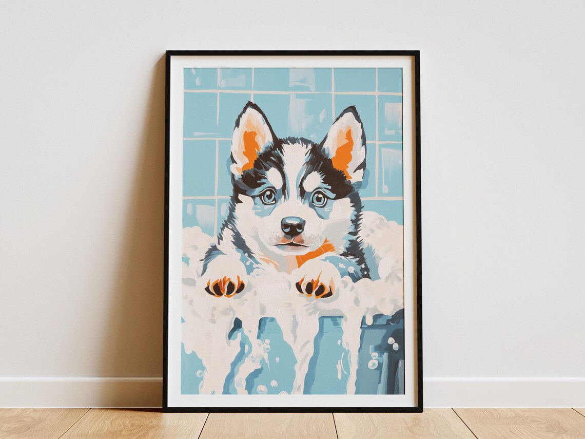 Siberian Husky Puppy Bubble Bath Blue Pop Art Nursery Poster