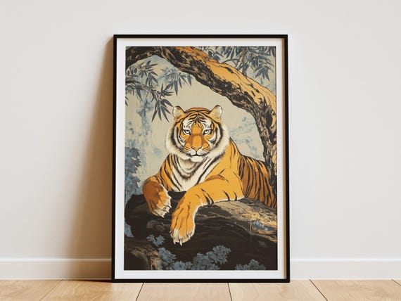 Tiger Resting Under Banyan Tree Art Print Jungle Animal Poster Exotic Wildlife Illustration Asian Decor Lover Gift Nature Inspired