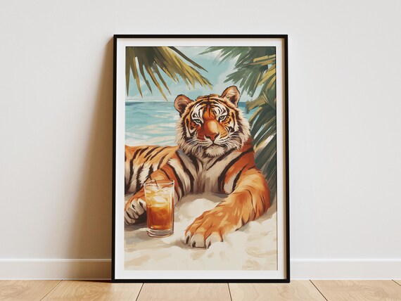 Relaxed Tiger Lounging On Warm Sand With Drink Under Palms Poster