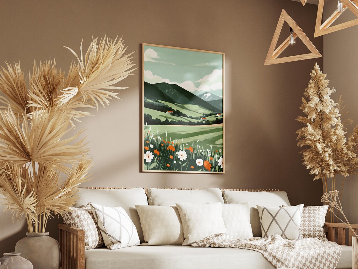 Rolling Green Hills Farmhouse With Wildflower Meadow Art Poster - Image 3