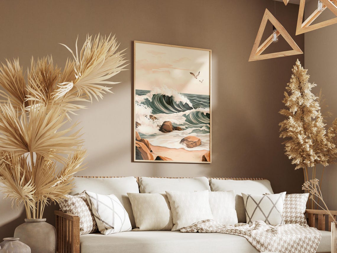 Ocean Wave Crashing On Rocky Coast With Seagulls Coastal Poster - Image 3