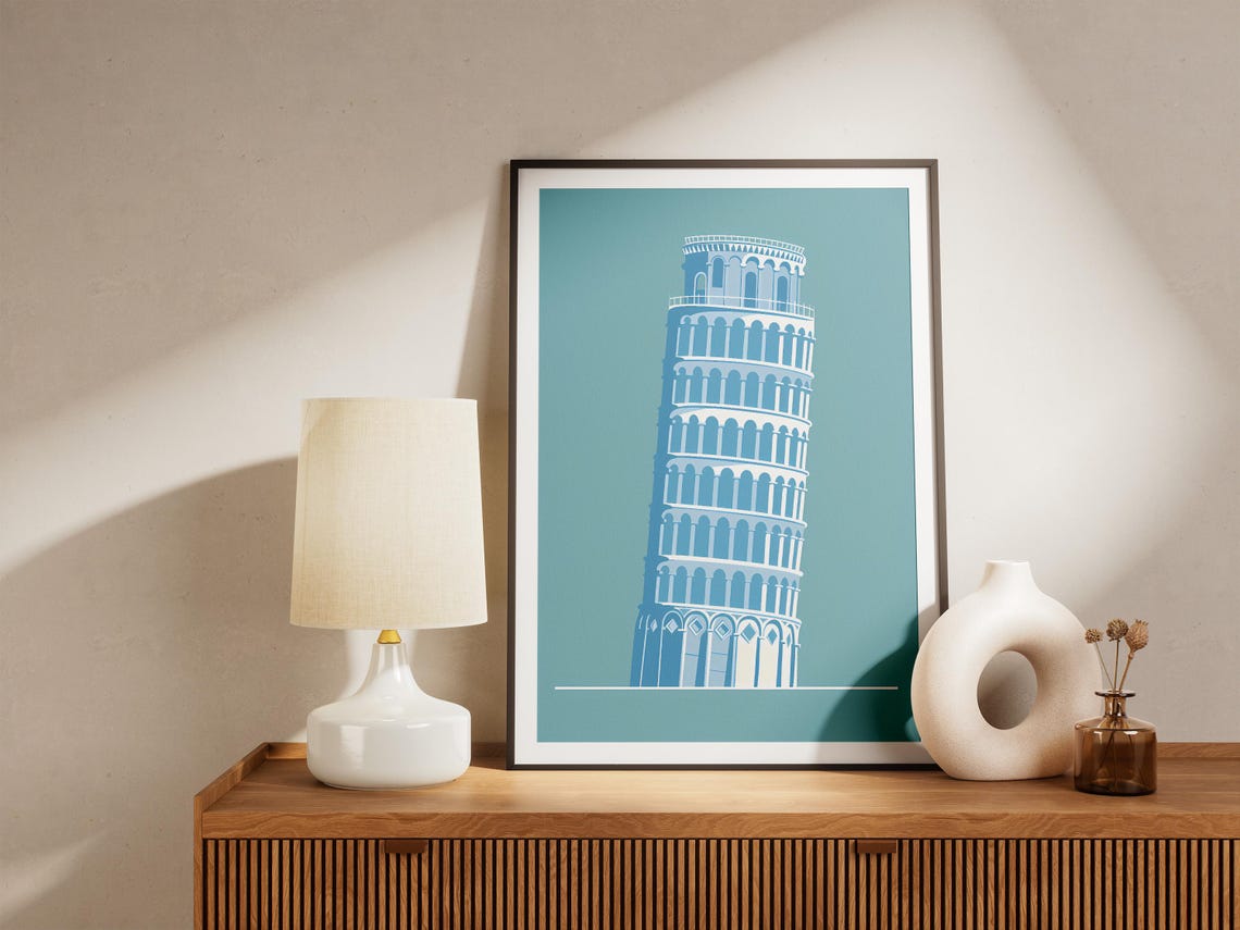 Leaning Tower Of Pisa Minimalist Teal Illustration Travel Poster - Image 4
