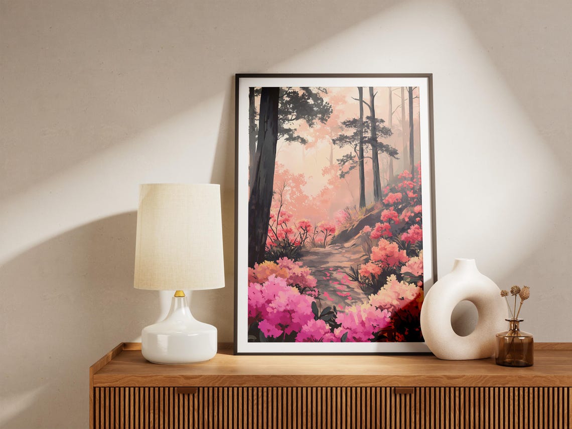 Pink Azalea Misty Forest Trail Dreamy Blossom Grove Scene Poster - Image 5