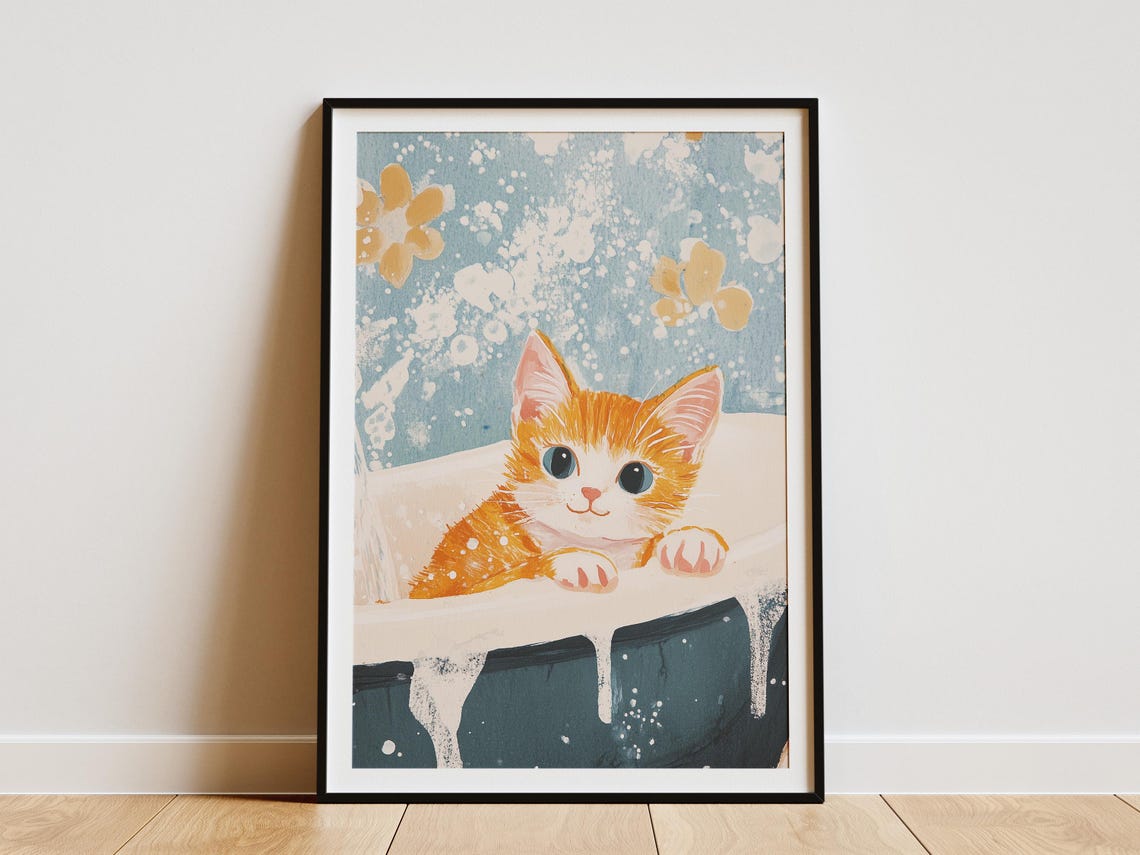 Orange Tabby Kitten Bubble Bath Floral Splash Cute Art Poster