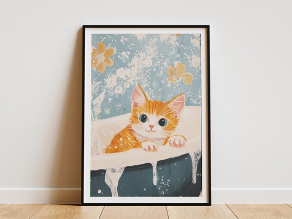 Orange Tabby Kitten Bubble Bath Floral Splash Cute Art Poster