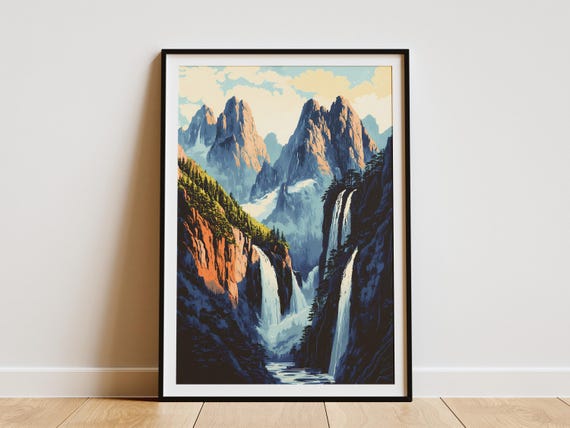 Mountain Waterfall Landscape Art Print Nature Scene Poster Modern Cascade Wall Decor Blue Green Orange Tones Home Forest River