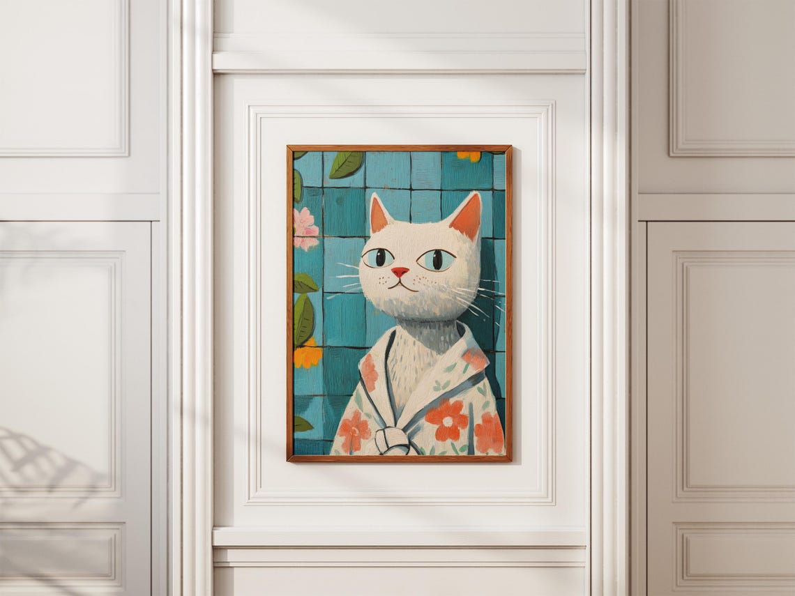 White Cat in Floral Robe Teal Tiles Folk Art Style Bath Poster - Image 2
