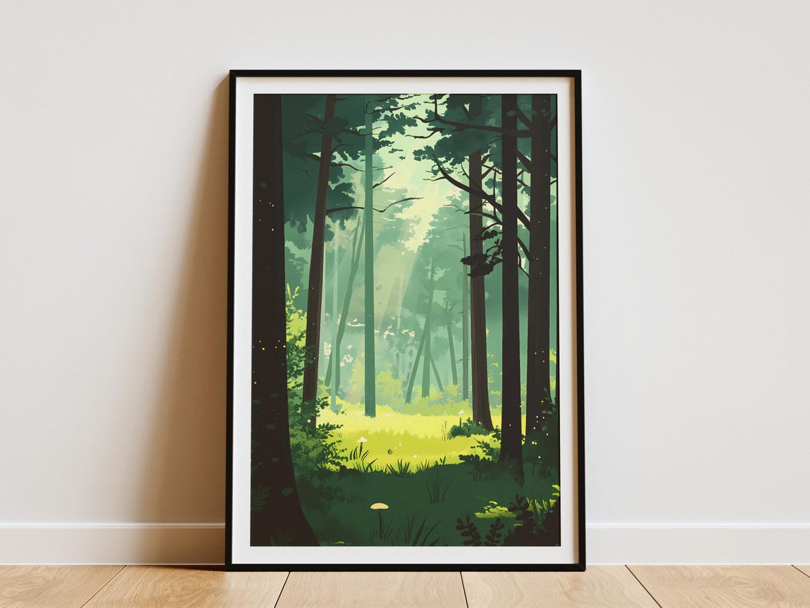 Misty Ancient Forest with Sunlit Clearing Nature Art Poster Tranquil