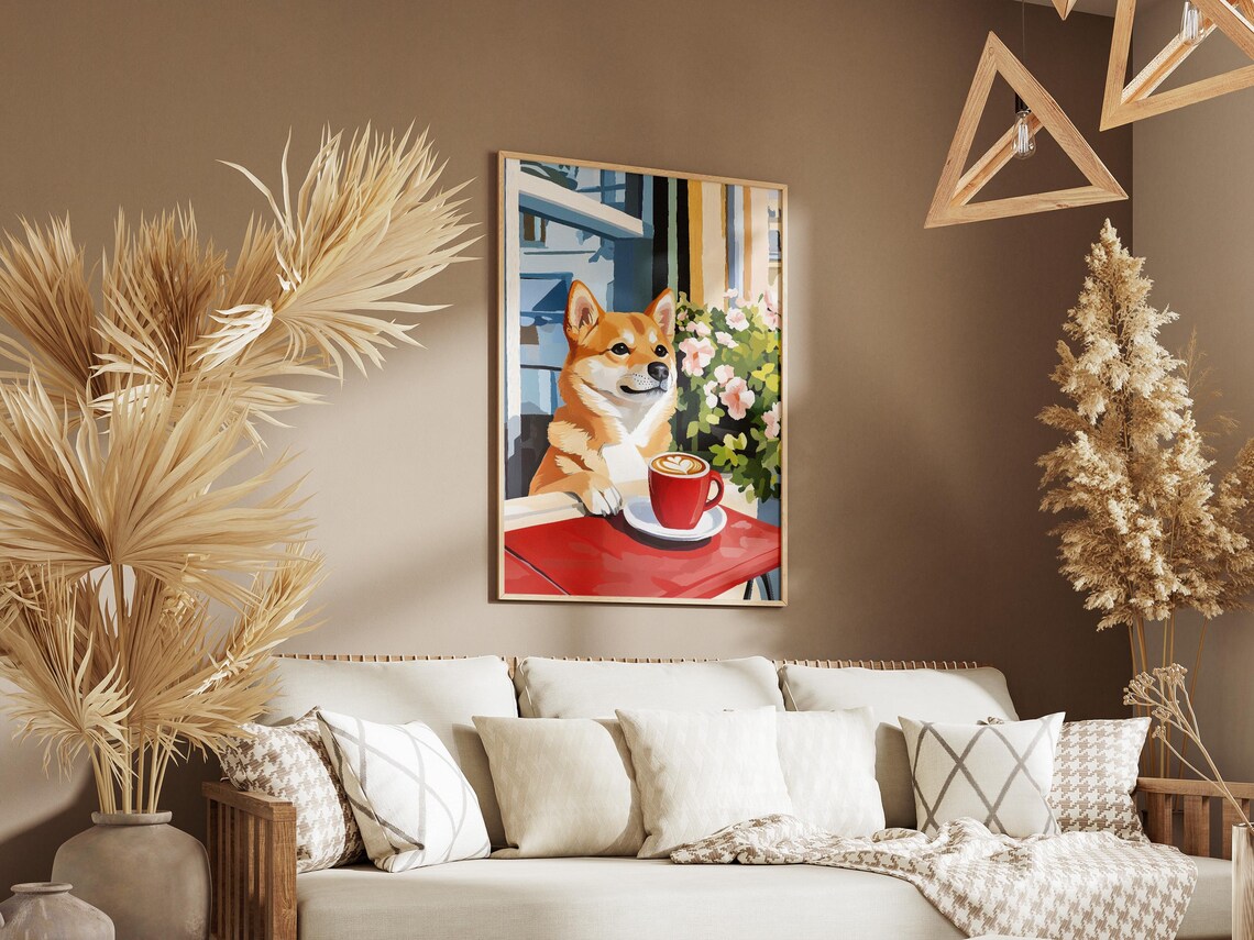 Shiba Inu Dog With Red Latte Cup Floral Cafe Table Art Poster - Image 3
