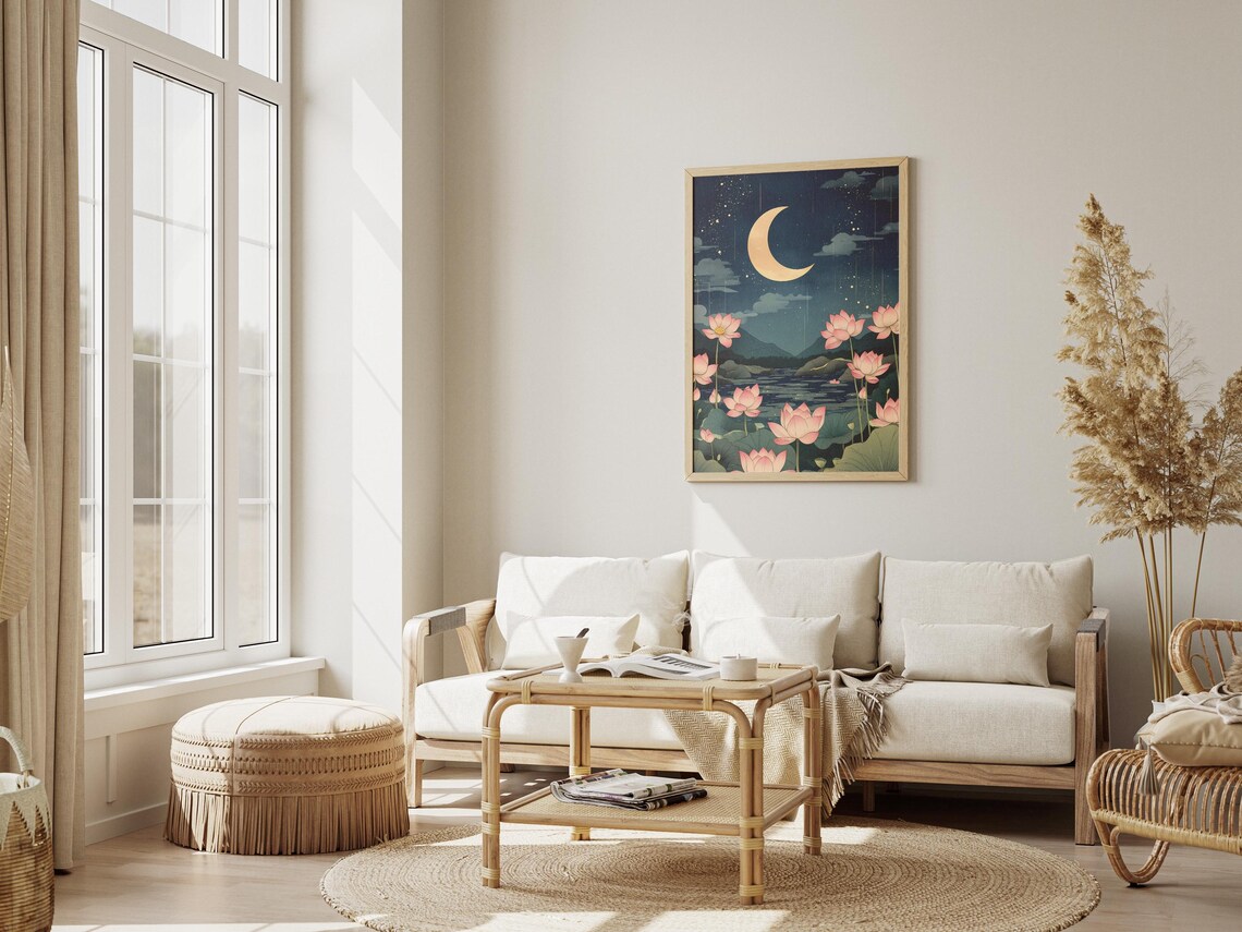 Crescent Moon Over Lotus Flower Lake Pink Night Sky Asian Art Style Poster - Image 3
