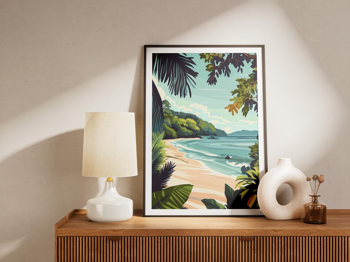 Tropical Island Cove Framed by Palm Leaves Art Poster Tropical - Image 5