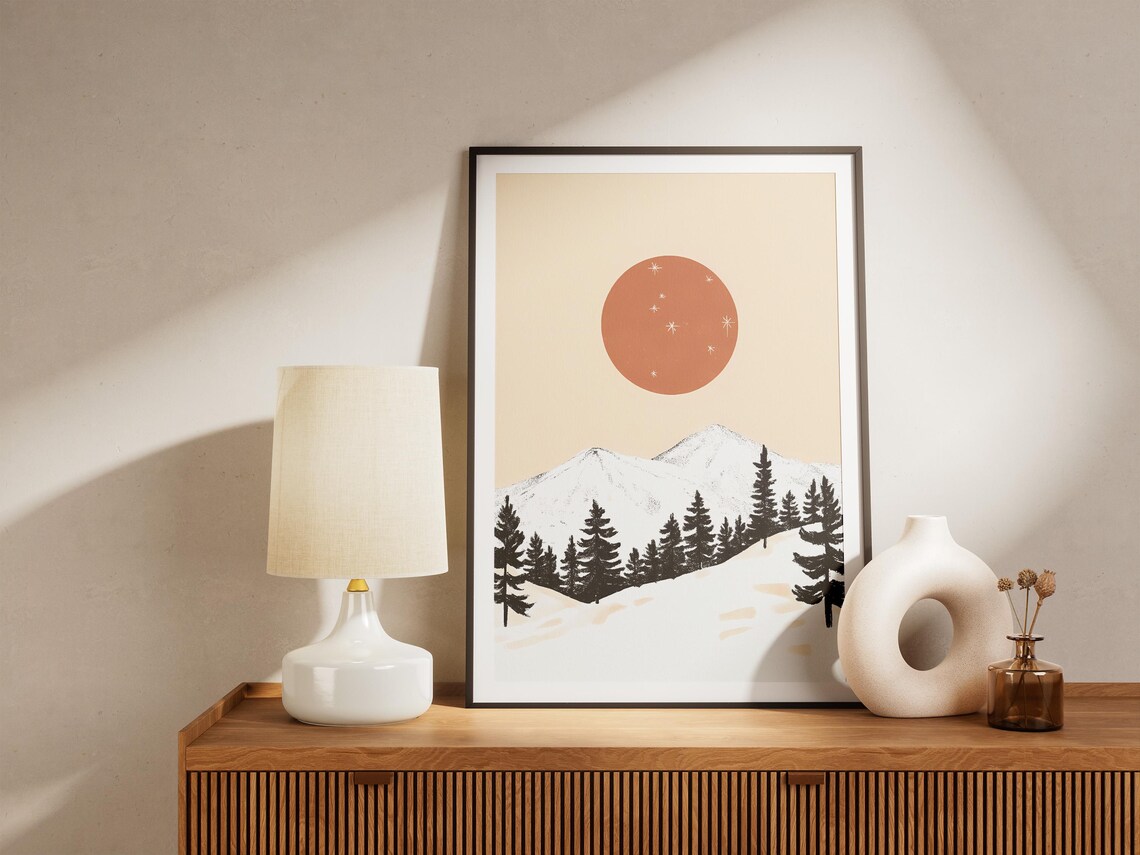 Minimalist Snowy Mountain Peak With Burnt Orange Sun Art Poster - Image 5