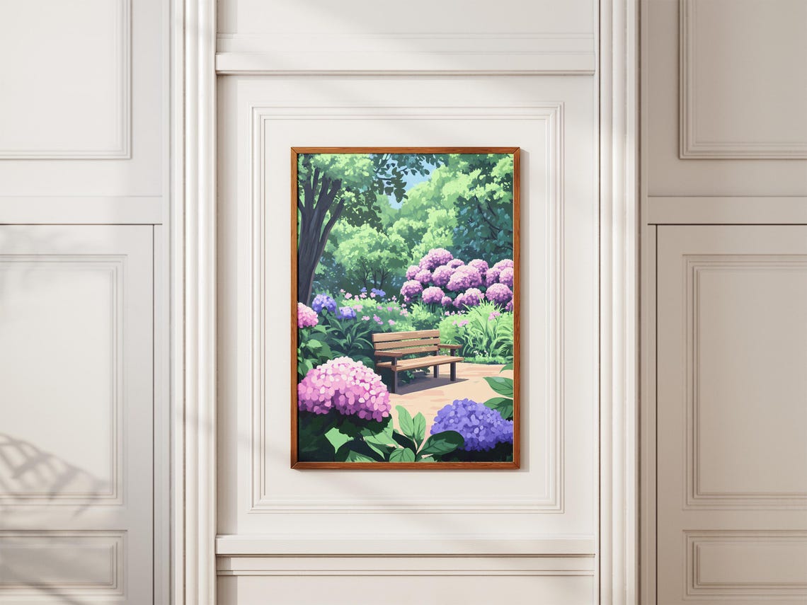 Hydrangea Park Bench Peaceful Summer Garden Retreat Art Poster - Image 2