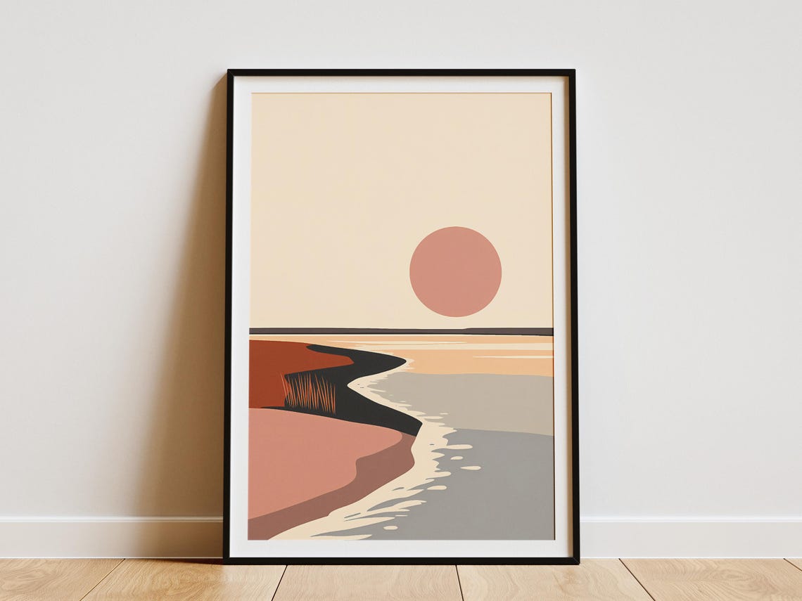 Minimalist Beach Sunset Poster Soft Coastal Curves Wall Decor Gift