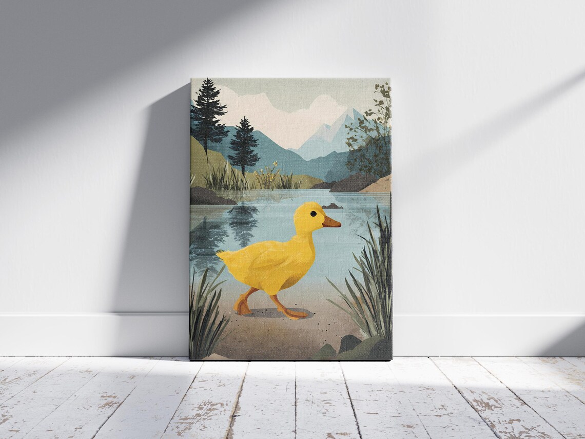 Yellow Duckling By Mountain Pond Cute Nursery Animal Sunny Poster - Image 2