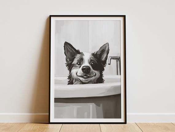 Corgi Dog In Bathtub Poster Print Cute Pet Portrait Black And White Bathroom Wall Art Modern Minimalist Animal Home Decor