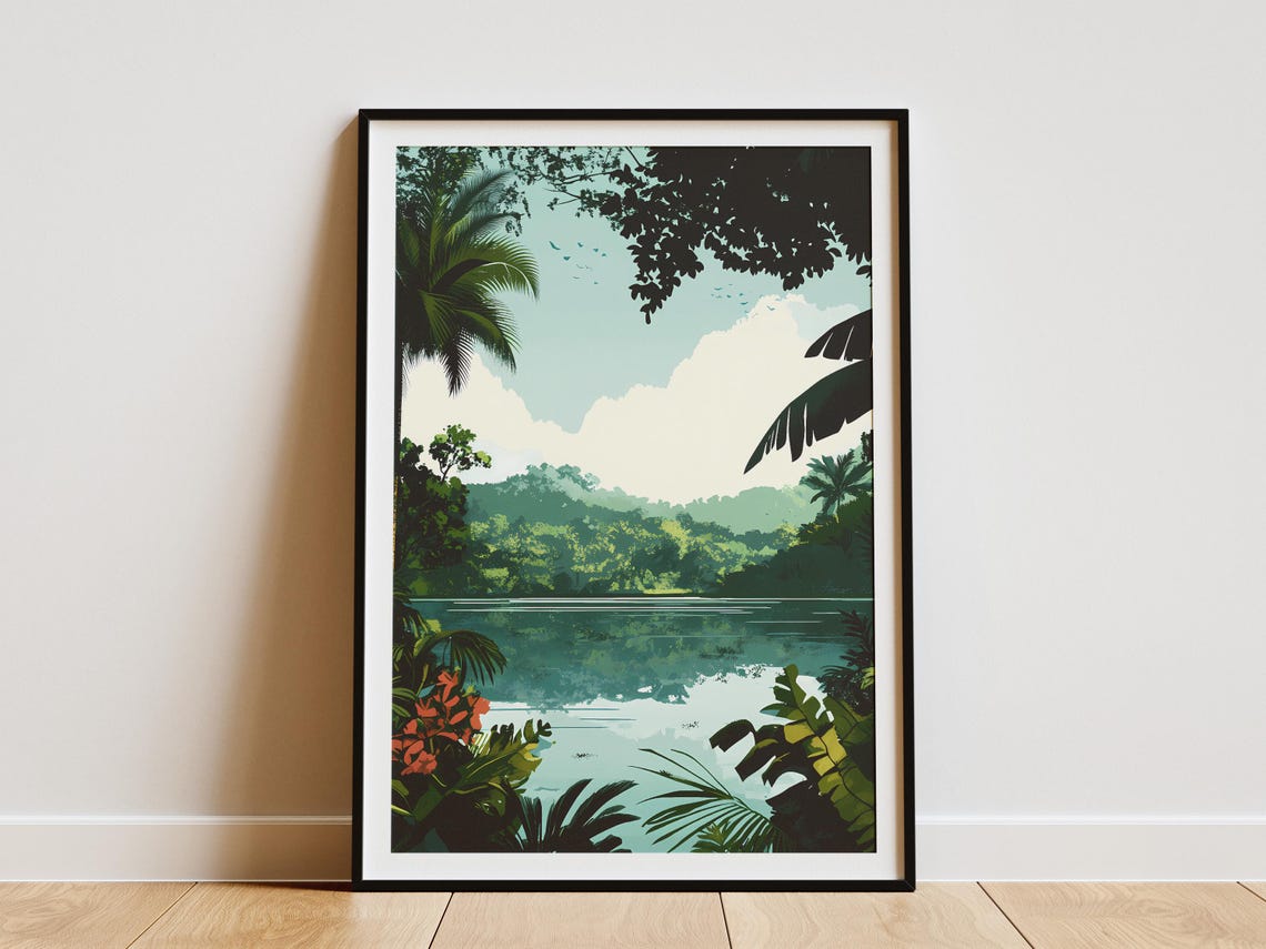 Tropical Rainforest Lake With Palm Trees and Calm Water Art Poster