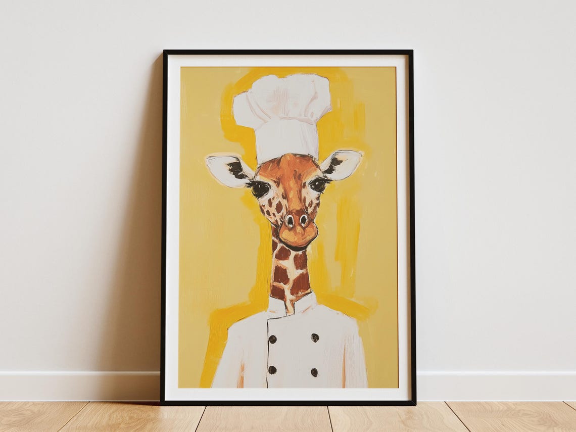 Giraffe Chef Art Print Kitchen Decor Funny Animal Poster Quirky Wall Restaurant Gift For Portrait Foodie