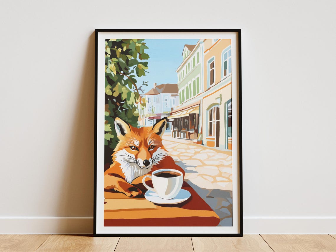 Red Fox Resting at a Street Cafe Table with Coffee Cup Poster