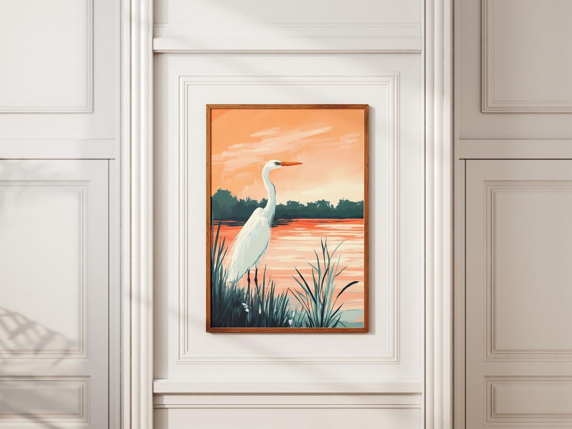 Elegant White Heron Sunset Marsh Orange Sky Wetland Bird Art Poster - Image 2
