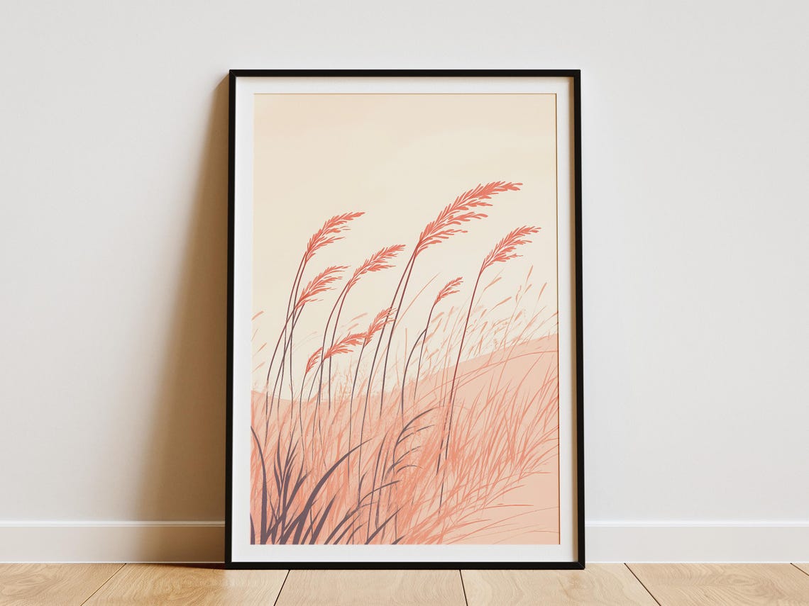 Pink Beach Grass on Sandy Dunes Minimalist Botanical Art Poster