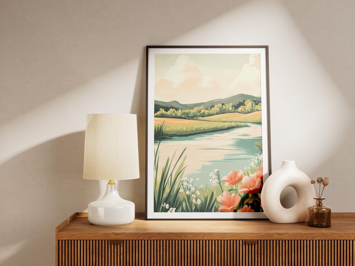 Wildflower River Through Golden Meadow Pink Poppies Scenic Art Poster - Image 5