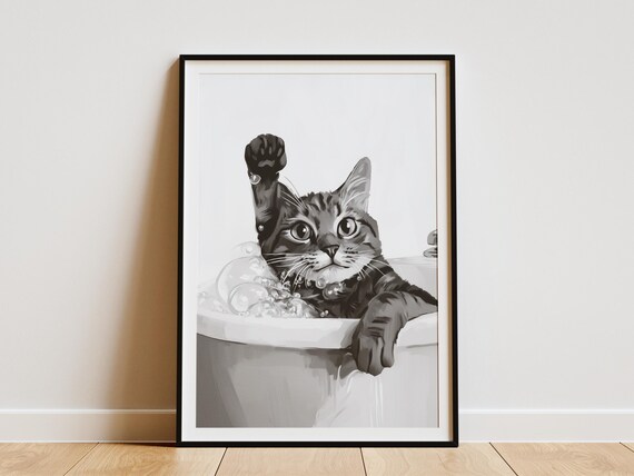 Tabby Cat In A Bubble Bath With Raised Paw Black White Poster