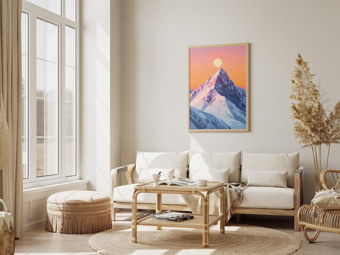 Pink Sunset Snowy Mountain Peak Colorful Landscape Art Poster - Image 4