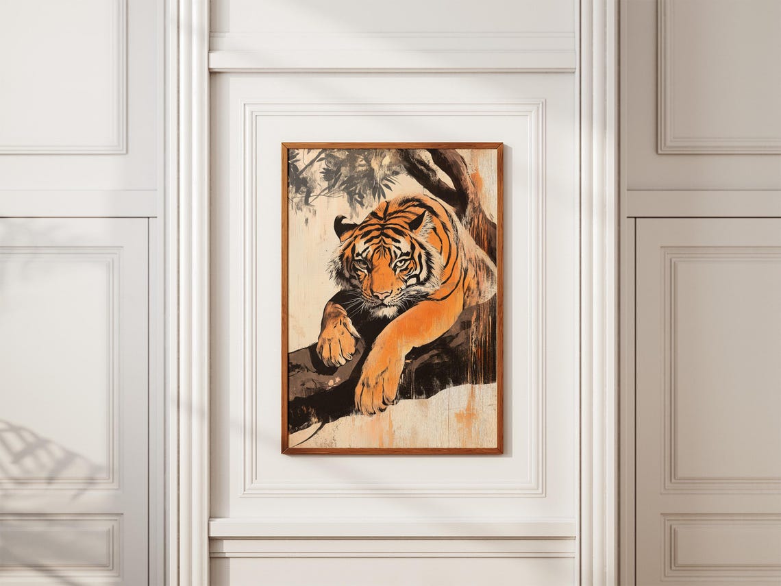Tiger Under Banyan Tree Poster Woodblock Artwork Print Art Animal Nature Jungle Home Decor Wall Paper - Image 2