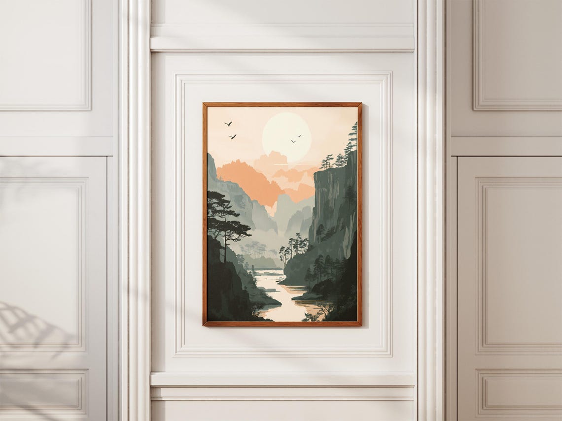 Wolong Nature Reserve Misty River Valley Pale Sunrise Poster - Image 2