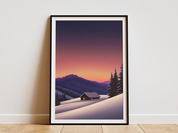 Winter Cabin In Snowy Mountains Landscape Art Print Cozy Forest Home Decor Peaceful Nature Scene Purple Sunset Illustration Scandinavian