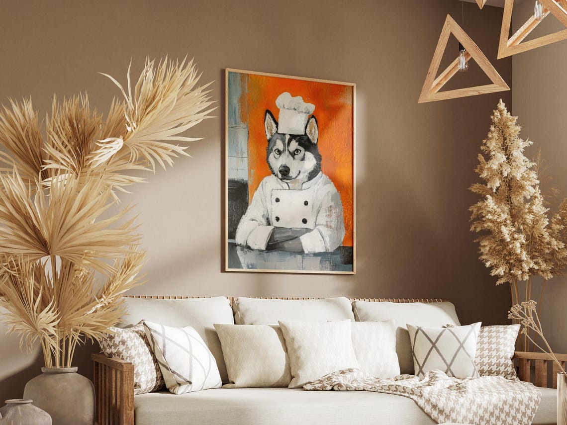 Husky Chef Painterly Dog Portrait Bold Orange Kitchen Poster - Image 3