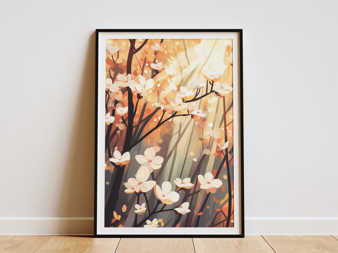 White Dogwood Blossoms Sunbeam Forest Spring Flower Scene Poster