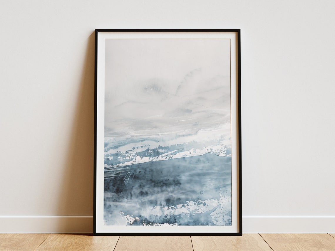 Misty Blue Grey Abstract Ocean Waves Watercolor Seascape Wall Art